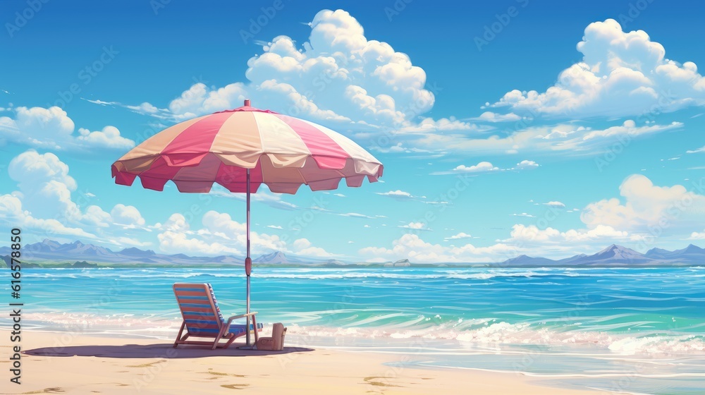 Serene sunlit beach with a single colorful umbrella background. Created with Generative AI technology