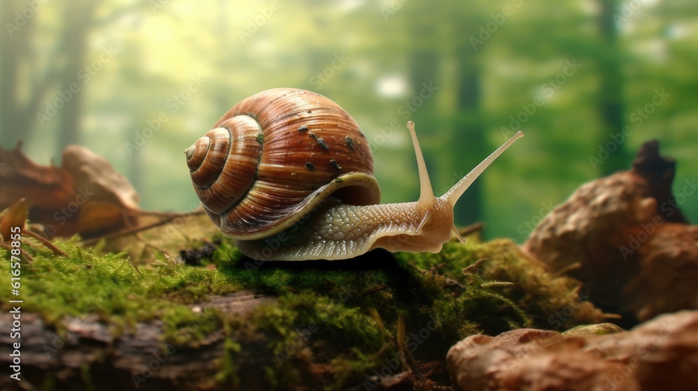 Snail moving slowly symbolizing the unhurried passage of time. Created with Generative AI technology Snail moving slowly symbolizing the unhurried passage of time. Created with Generative AI technology