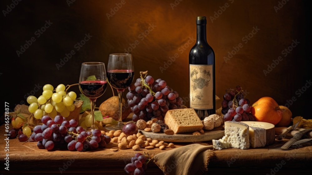 Still life with various types of wines and snacks. Created with Generative AI technology