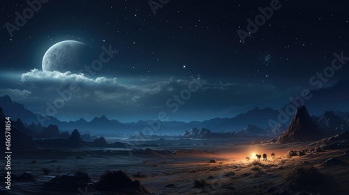 Serene moonlit desert landscape with a lone camel background. Created with Generative AI technology
