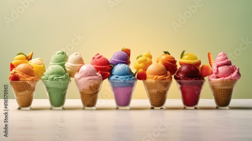 Sorbets of different flavors arranged in the form of a rainbow. Created with Generative AI technology