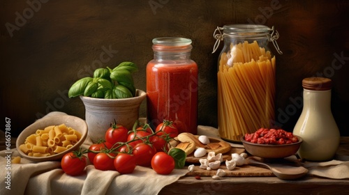Still life with different types of pasta and sauces. Created with Generative AI technology