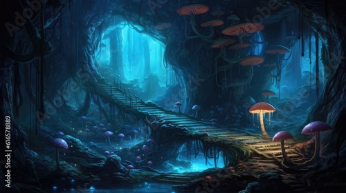 Subterranean cavern with bioluminescent mushrooms background. Created with Generative AI technology