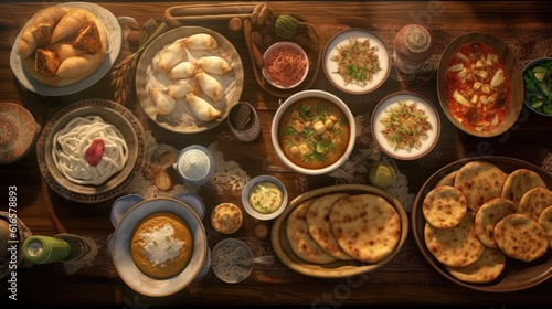 Table with various types of georgian dishes including khachapuri khinkali and badrijani. Created with Generative AI technology photo