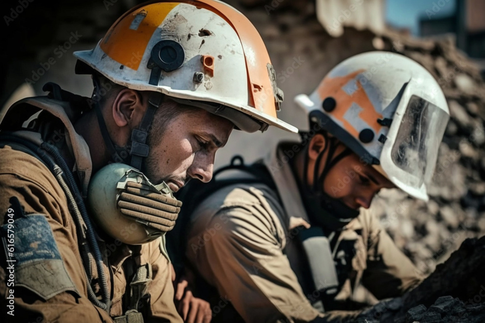 Close up view of Team of rescuers preparing on ruin factory building to outdoor operation. Generative AI Close up view of Team of rescuers preparing on ruin factory building to outdoor operation. Generative AI
