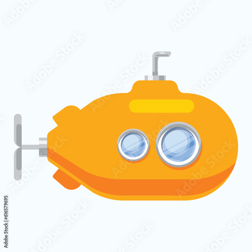Submarine flat icon isolated on white background, an orange submarine with a porthole, sonar, rudder, propeller and periscope. Vector illustration