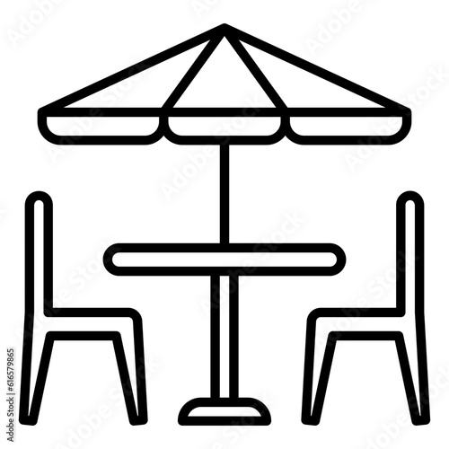 Icon of patio furniture or garden table with umbrella and chairs