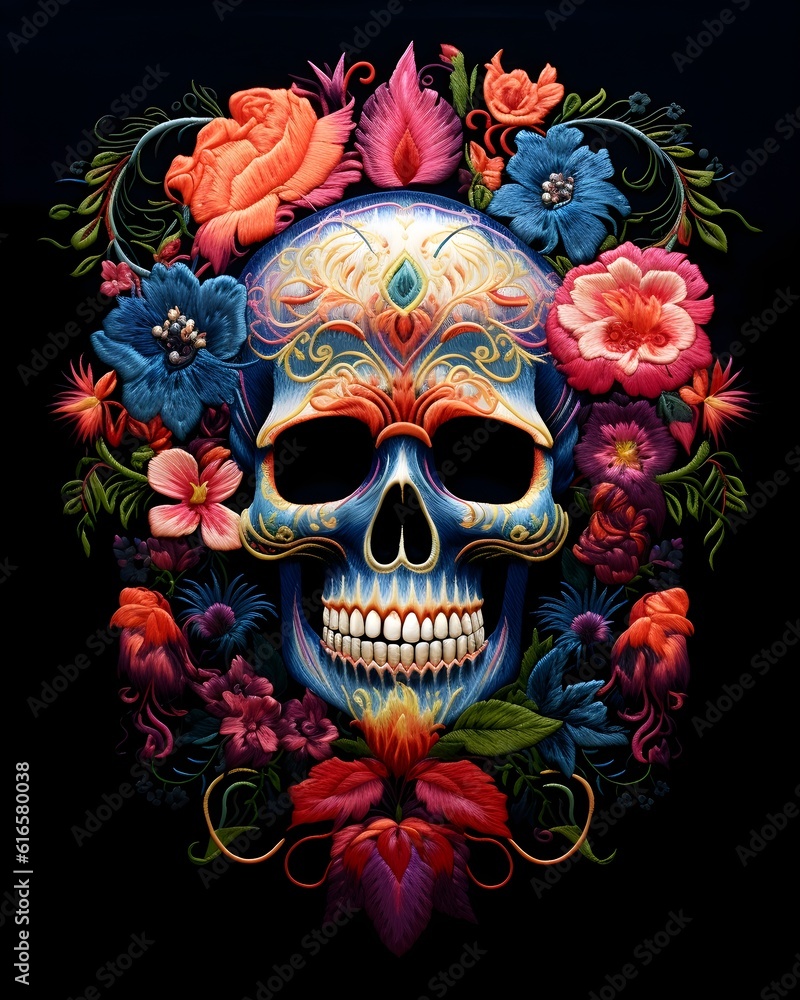 Skull art with colorful flowers with black background. 8k resolution