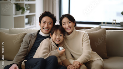 happy family mom, dad and kid on the couch together in Livingroom, Generative AI