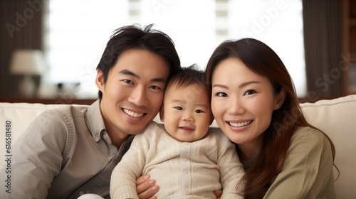 happy family mom, dad and kid on the couch together in Livingroom, Generative AI