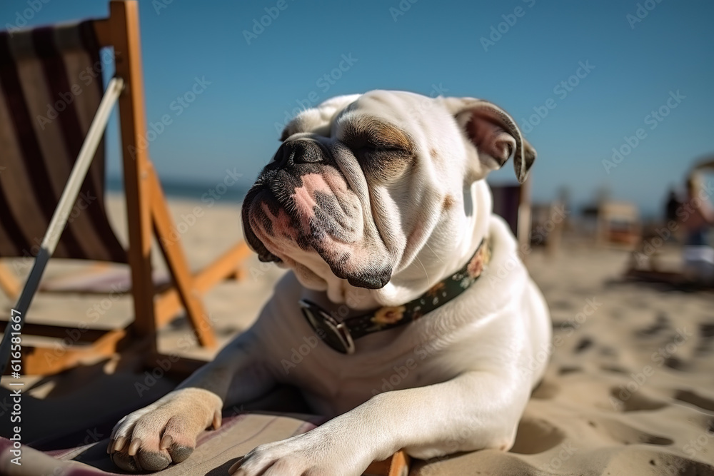 Image of bulldog lying on beach and chair on a clear day. Pet. Illustration, Generative AI.