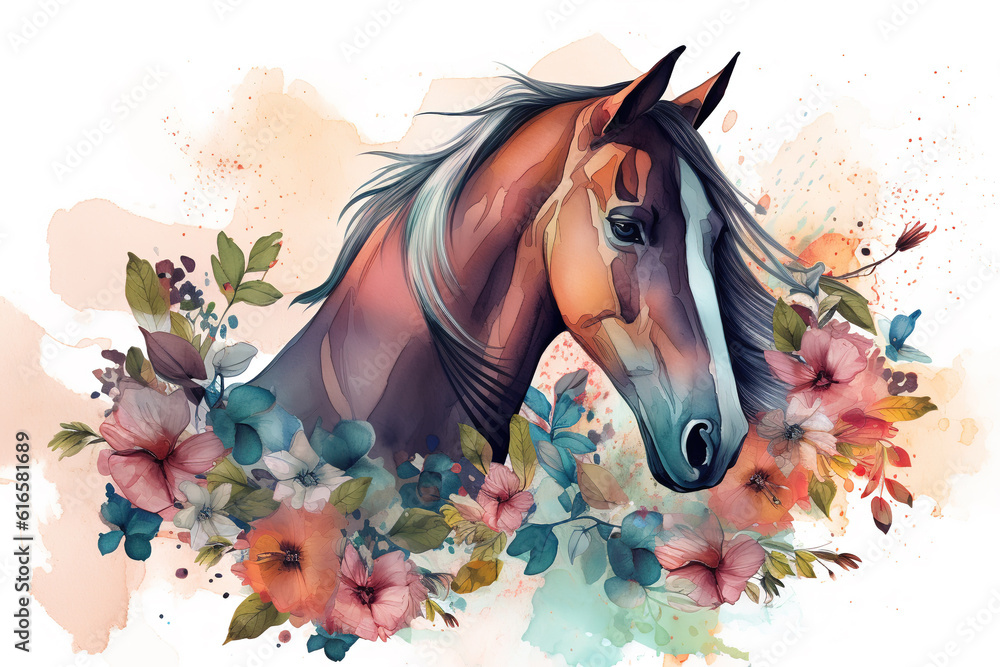 Fototapeta Image of a horse head surrounded by colorful tropical flowers. Wildlife Animals. Illustration, Generative AI.