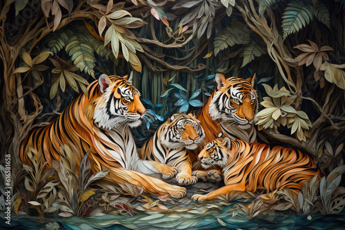 Image of tiger family in style paper quilling art beautiful colors type low relief. Wildlife Animals. Illustration  generative AI.