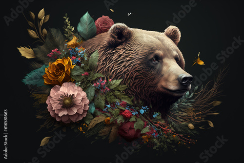 Image of a bear surrounded by colorful tropical flowers. Wildlife Animals. Illustration, Generative AI.