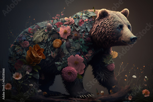 Image of a bear surrounded by colorful tropical flowers. Wildlife Animals. Illustration, Generative AI.