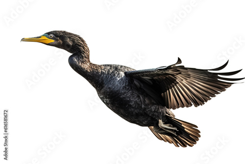 Image of a javanese cormorant is flapping its wings fly on a white background. Wild Animals. Birds. Illustration. Generative AI.