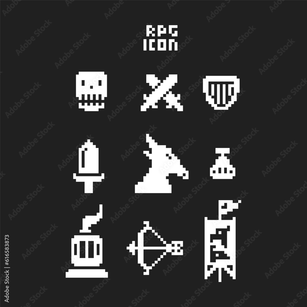 this is Rpg icon in pixel art with white color and black background ,this item good for presentations,stickers, icons, t shirt design,game asset,logo and your project. this is Rpg icon in pixel art with white color and black background ,this item good for presentations,stickers, icons, t shirt design,game asset,logo and your project.