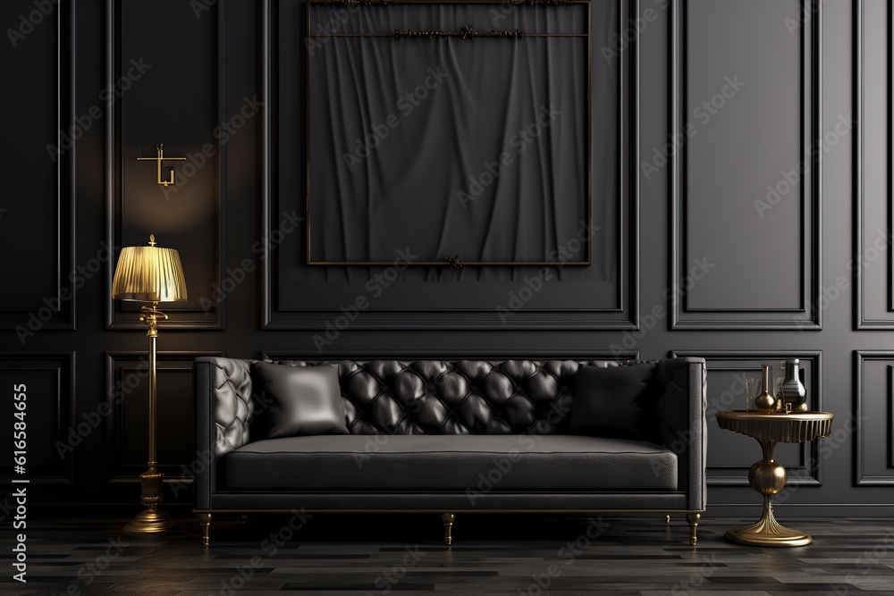 Luxurious large bedroom with black dark gray walls and a bed. Deep rich