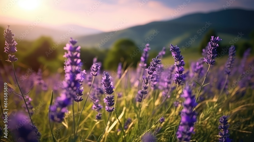 field of lavender flowers at a sunny day and beautiful mountain forest at the background field of lavender flowers at a sunny day and beautiful mountain forest at the background