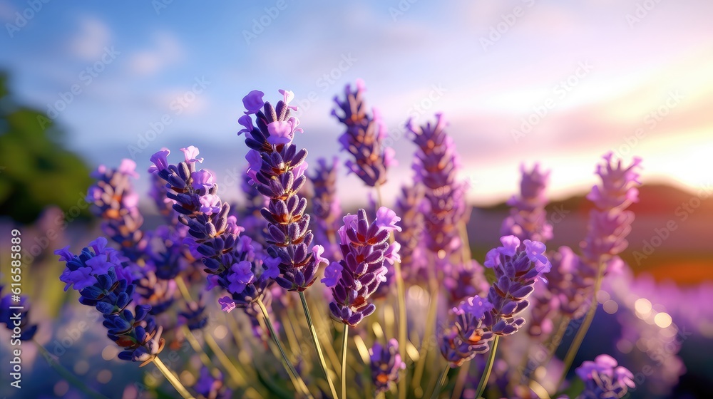 garden full of lavender flowers at a sunny day and deep blue sky at the background, sunny day at the background, summer spring morning blue sky Sunlit field of lotus panoramic landscape background