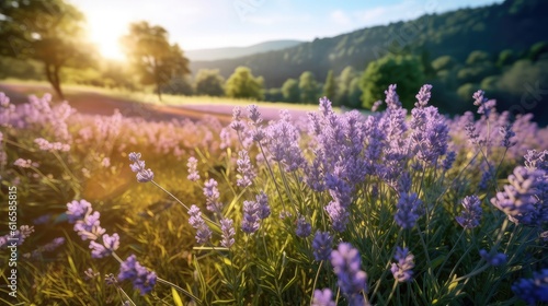 bunch of lavender flowers at a sunny day and beautiful mountain forest at the background