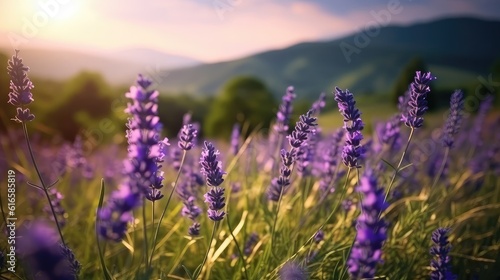 field of lavender flowers at a sunny day and beautiful mountain forest at the background