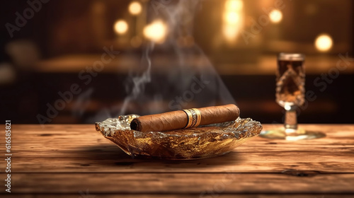 Burning handmade luxury Cuban cigar resting. Generative Ai