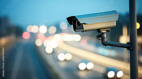 CCTV Security Camera or surveillance operating on traffic road and urban scene. Generative Ai