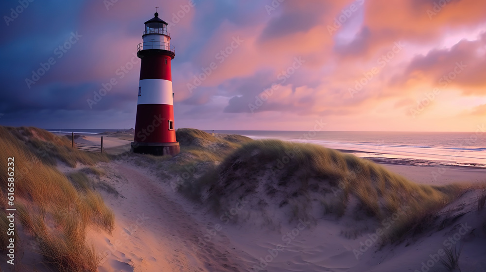 Panoramic view of a lighthouse standing at the coast. Generative Ai