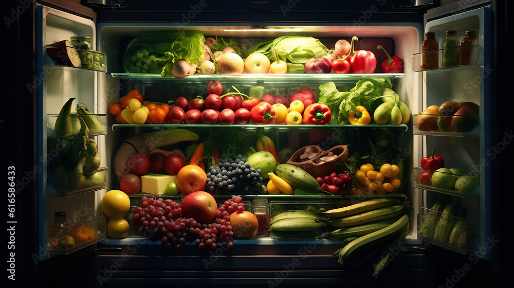 An Open Refrigerator Filled With Fresh Fruits And Vegetables. Generative Ai An Open Refrigerator Filled With Fresh Fruits And Vegetables. Generative Ai