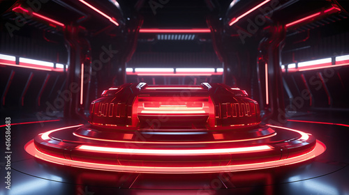 Podium Futuristic Sci fi 3D Rendering Alien red Neon Glass Modern Empty cyber punk. Generative Ai © Malika
