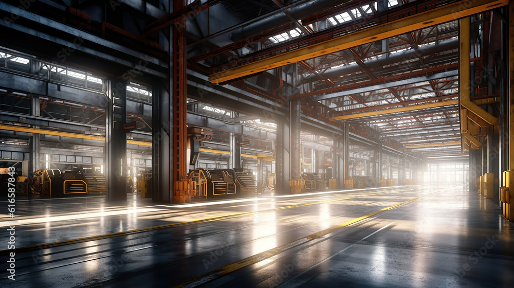 The interior of a big industrial building or factory with steel constructions. Generative Ai