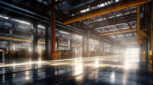 The interior of a big industrial building or factory with steel constructions. Generative Ai