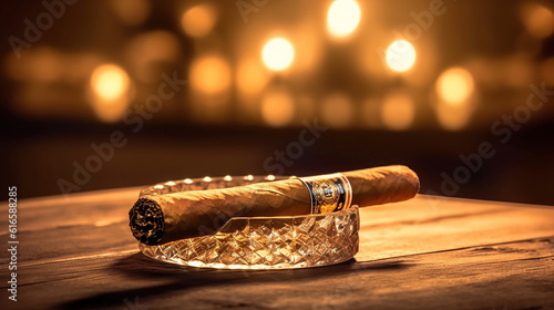 Burning handmade luxury Cuban cigar resting. Generative Ai photo