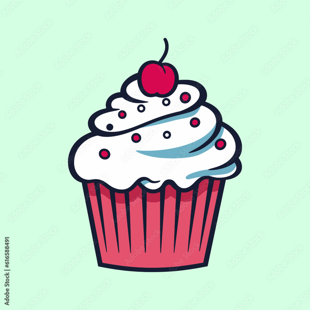 Vector illustration of a cupcake with cream and cherry on top