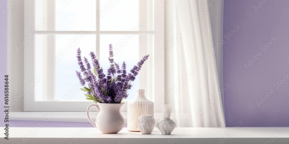 Window and lavender flower on table with sun light copy space blurred background, AI Generated Window and lavender flower on table with sun light copy space blurred background, AI Generated
