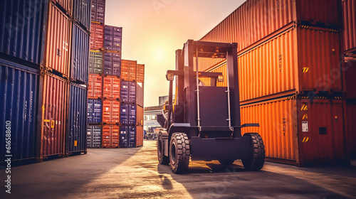 Photo Bottom view Forklift truck lifting cargo container in shipping yard for transportation import,export, logistic industrial with container stack in background