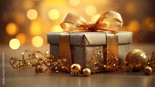 Christmas Present with Gold Ribbon and Gold Christmas Decorations. Rustic Background. Christmas background. Generative Ai