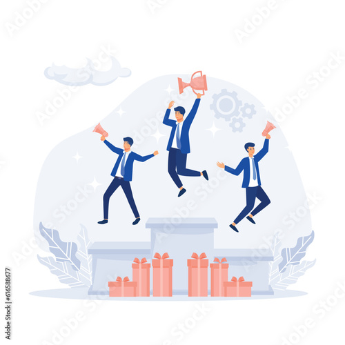 People standing on the podium rank first three places, Employee recognition and competition award winner business, flat vector modern illustration