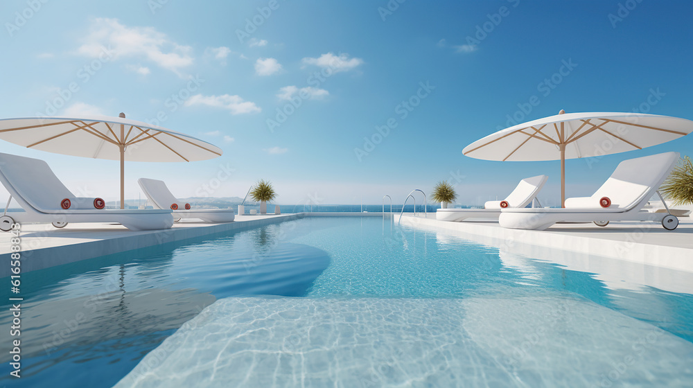 The edge Luxury swimming pool with white fashion deckchairs on the beach. Generative Ai