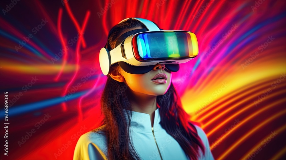 Portrait of a beautiful asian woman wearing virtual reality goggles.Generative Ai Portrait of a beautiful asian woman wearing virtual reality goggles.Generative Ai