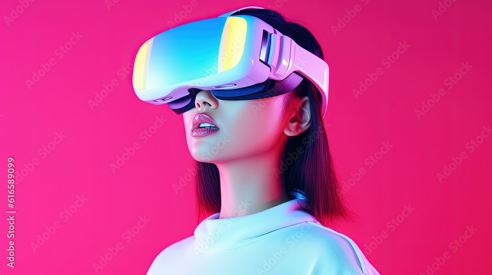 Portrait of a beautiful asian woman wearing virtual reality goggles.Generative Ai Portrait of a beautiful asian woman wearing virtual reality goggles.Generative Ai
