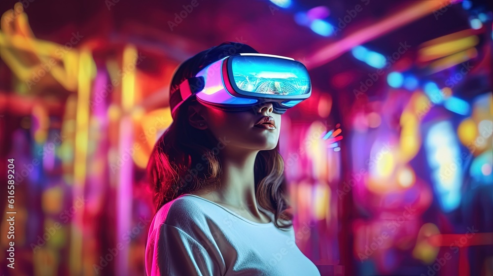 Portrait of a beautiful asian woman wearing virtual reality goggles.Generative Ai Portrait of a beautiful asian woman wearing virtual reality goggles.Generative Ai