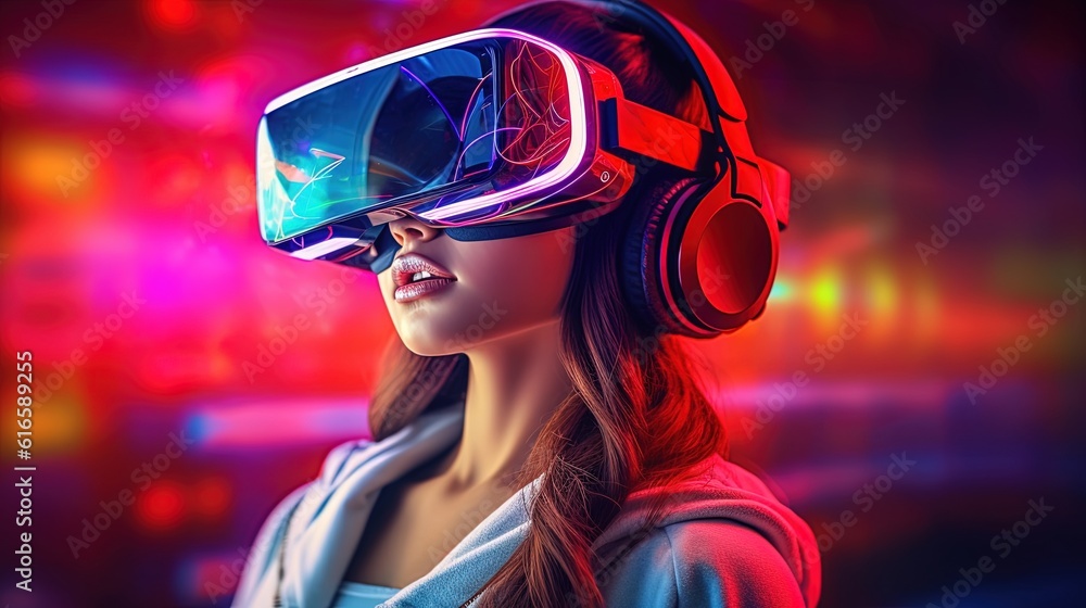Portrait of a beautiful asian woman wearing virtual reality goggles.Generative Ai Portrait of a beautiful asian woman wearing virtual reality goggles.Generative Ai