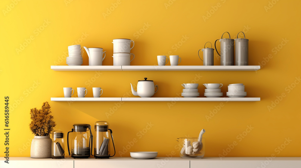 Modern shelving unit with dishware and kitchen counter near yellow wall. Generative Ai Modern shelving unit with dishware and kitchen counter near yellow wall. Generative Ai