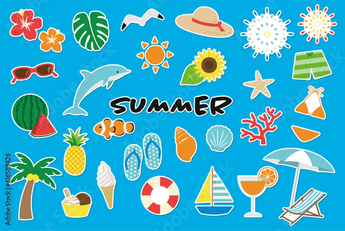 夏をイメージするステッカー風のベクターイラストセット。