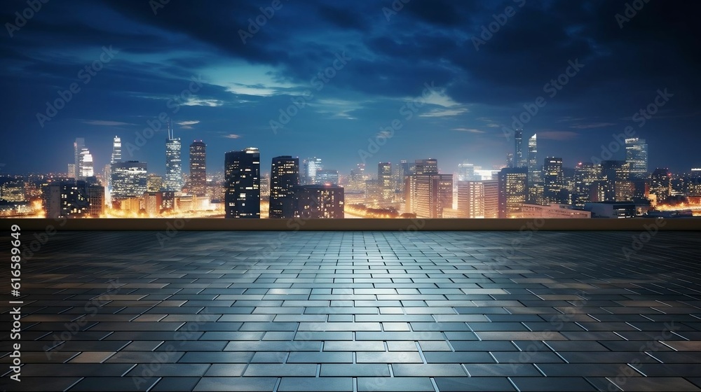 Urban dreamscape: Empty tiles, enchanting city skyline
