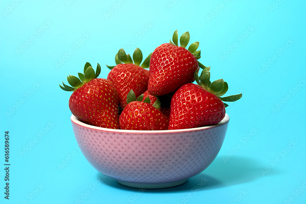 Strawberries in a Bowl, Light Blue Background. Generative AI Strawberries in a Bowl, Light Blue Background. Generative AI