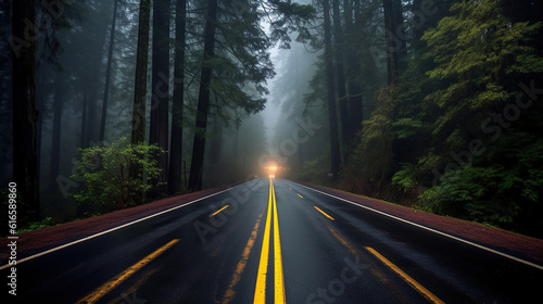 Foggy Straight Redwood Highway. Generative Ai