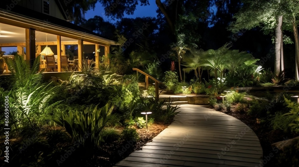 Enchanting garden: LED lights illuminate backyard panorama
